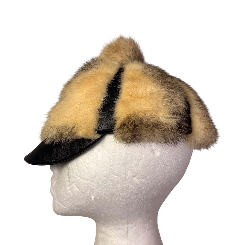 Vintage Lenore Marshall Fur Leather Baseball Cap Hat Unisex Tan‎ Brown Black